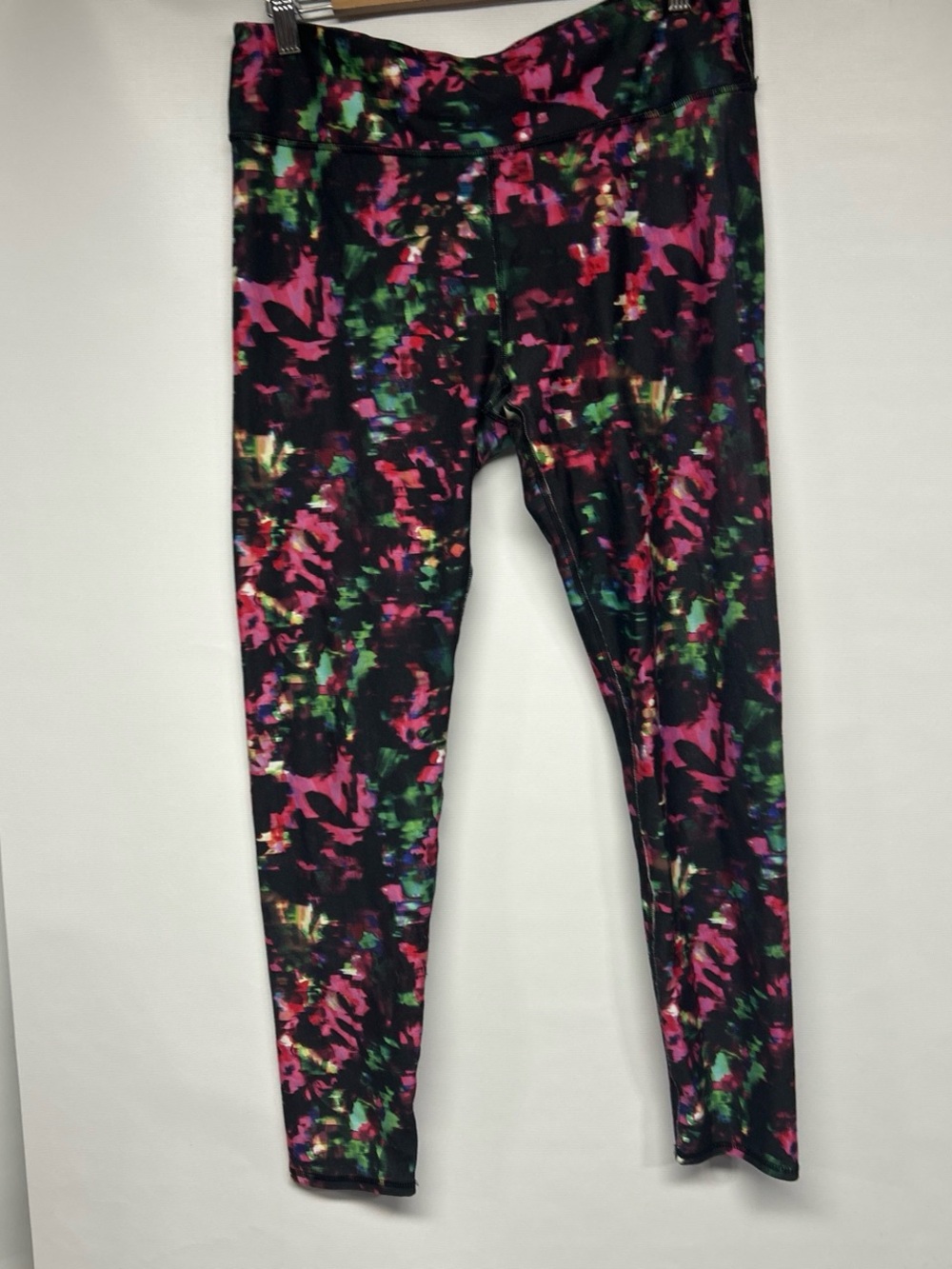 Fabletics Black Floral Splash Leggings with Pink & Green Accents